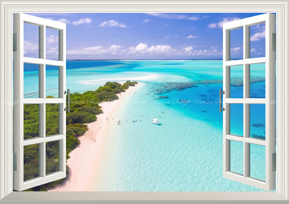 絵画風 壁紙ポスター (はがせるシール式) -窓の景色- モルディブ パラダイス・アイランド トロピカルリゾート ポスター 海 【窓仕様／トリックアート】 キャラクロ RMDV-019MA2 (A2版 594mm×420mm) ＜日本製＞ ウォールステッカー 窓 お風呂ポスター