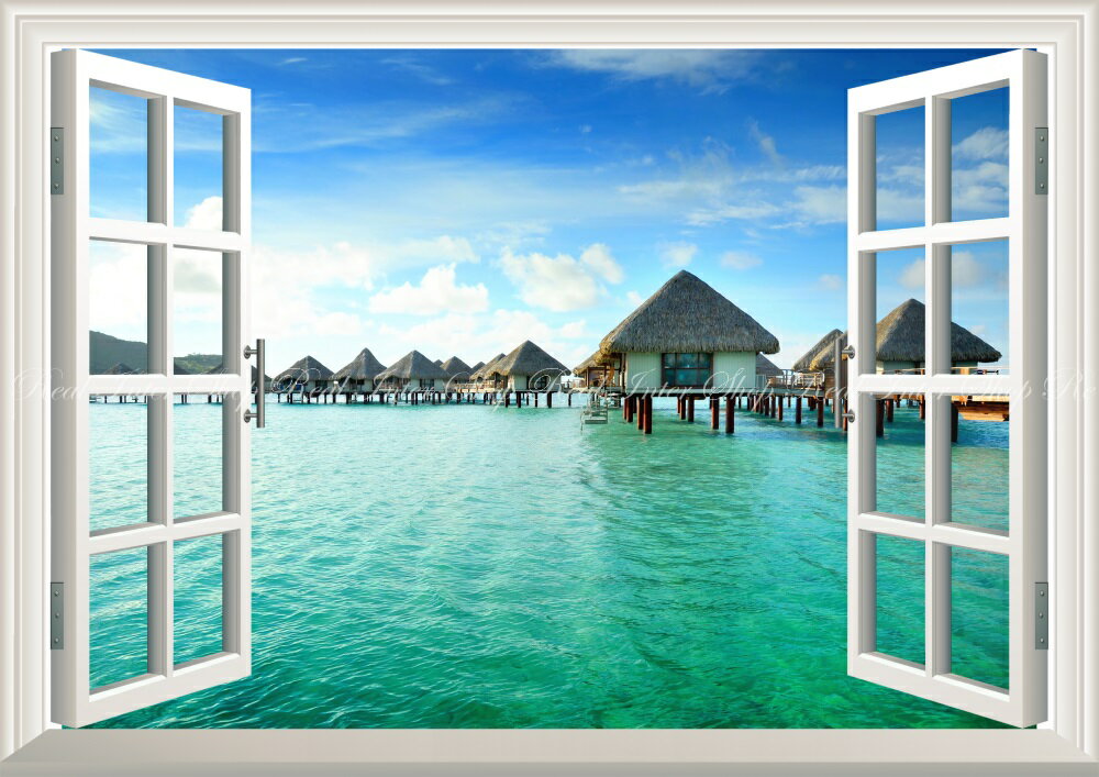 絵画風 壁紙ポスター (はがせるシール式) -窓の景色- ポリネシア ボラボラ島 水上コテージ バンガロー リゾート 海 癒し 【窓仕様／トリックアート】 キャラクロ RPLN-003MA1 (A1版 830mm×585mm) ＜日本製＞ ウォールステッカー お風呂ポスターのサムネイル