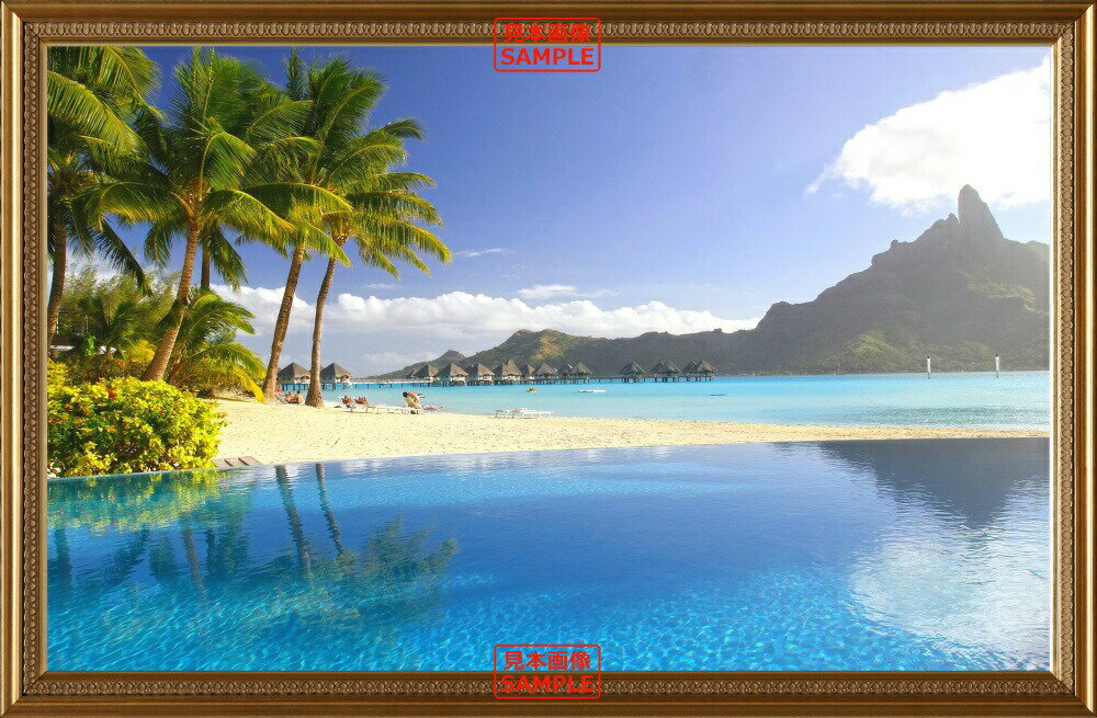 絵画風 壁紙ポスター (はがせるシール式) タヒチ パラダイスの景色 ポリネシア リゾート 海 山 バケーション 癒し 【額縁印刷／トリックアート】 キャラクロ RMDV-016SGB1 (879mm×576mm) ＜日本製＞ ウォールステッカー お風呂ポスター