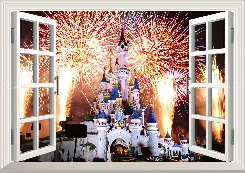 絵画風 壁紙ポスター (はがせるシール式) -窓の景色- ディズニーランドの夜景 打ち上げ花火 パリ 【窓仕様/トリックアート】 キャラクロ DNLP-005MA1 (A1版 830mm×585mm) <日本製> ウォールステッカー お風呂ポスター