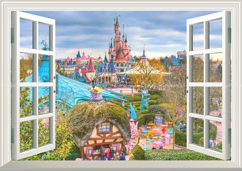 絵画風 壁紙ポスター (はがせるシール式) -窓の景色- ディズニーランド パリ 景色 【窓仕様／トリックアート】 キャラクロ DNLP-006MA2 (A2版 594mm×420mm) ＜日本製＞ ウォールステッカー ディズニー お風呂ポスターのサムネイル