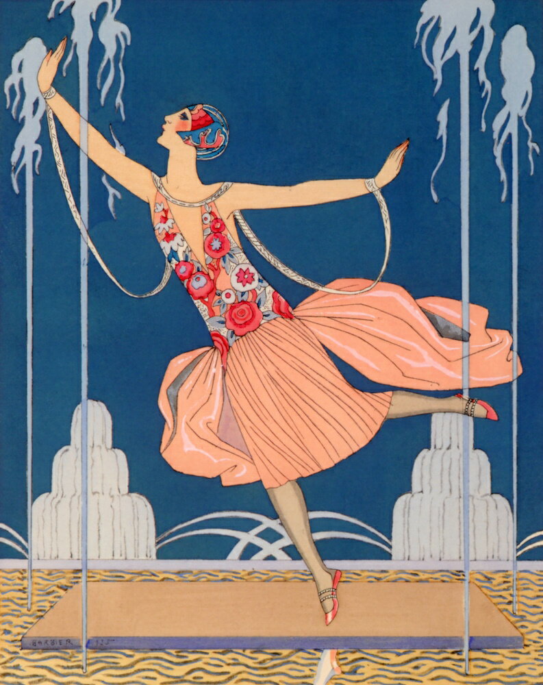 絵画風 壁紙ポスター(はがせるシール式)【フルサイズ版】 ジョルジュ・バルビエ ガゼット・デュ・ボン・トン誌 噴水の踊り子 1924年 アールデコ イラストレーション キャラクロ K-BRB-010S2 (471mm×594mm) ＜日本製＞ ウォールステッカー お風呂ポスター