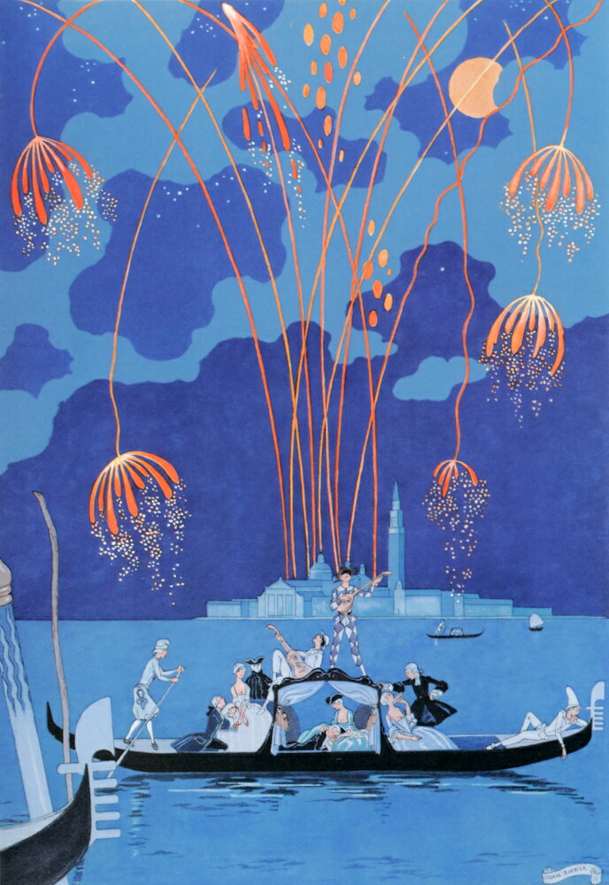 絵画風 壁紙ポスター(はがせるシール式)【フルサイズ版】 ジョルジュ・バルビエ 艶なる宴 ボートで 1924年 アールデコ イラストレーション キャラクロ K-BRB-015S2 (414mm×603mm) ＜日本製＞ ウォールステッカー お風呂ポスター