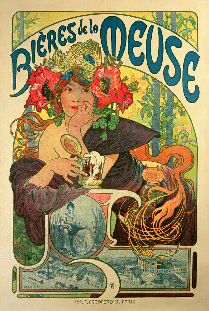 絵画風 壁紙ポスター (はがせるシール式) 【フルサイズ版】 アルフォンス・ミュシャ ムーズ川のビール 1897年 アールヌーヴォー キャラクロ K-MCH-077S2 (404mm×603mm) ＜日本製＞ ウォールステッカー お風呂ポスター