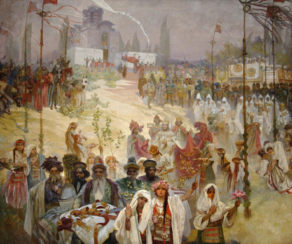 絵画風 壁紙ポスター (はがせるシール式) 【フルサイズ版】 アルフォンス・ミュシャ 東ローマ皇帝として戴冠するセルビア皇帝ステファン・ドゥシャン 1926年 スラヴ叙事詩 キャラクロ K-MCH-093S1 (699mm×585mm) ＜日本製＞ ウォールステッカー お風呂ポスター