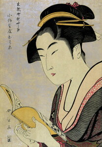 絵画風 壁紙ポスター (はがせるシール式) 【フルサイズ版】 喜多川歌麿 うたまろ 木挽町新やしき 小伊勢屋おちゑ 1780-1790年 浮世絵 美人画 キャラクロ K-KGU-002S1 (576mm×830mm) <日本製> ウォールステッカー お風呂ポスター