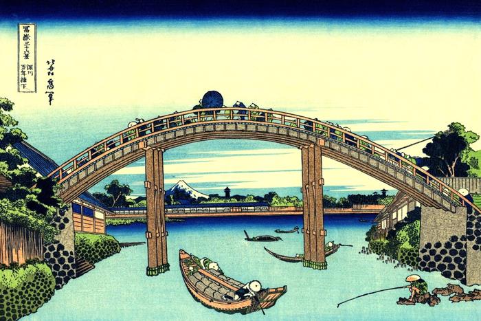 絵画風 壁紙ポスター (はがせるシール式) 富嶽三十六景 深川万年橋下 葛飾北斎 1831-1835年 キャラクロ K-FGS-005K2 (600mm×400mm) ＜日本製＞ ウォールステッカー お風呂ポスター