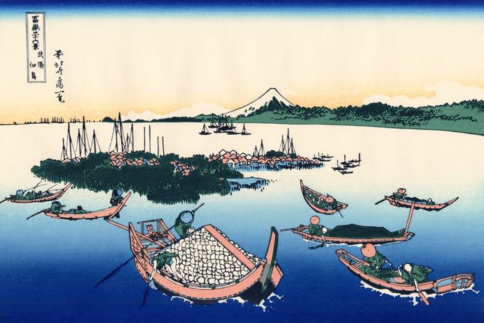 乐天商城 - 絵画風 壁紙ポスター (はがせるシール式) 富嶽三十六景 武陽佃島 葛飾北斎 1831-1835年 キャラクロ K-FGS-014K1 (864mm×576mm) ＜日本製＞ ウォールステッカー お風呂ポスター