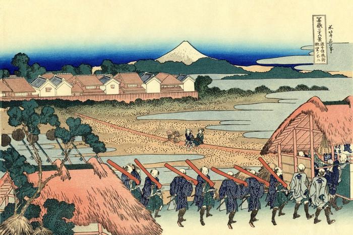 絵画風 壁紙ポスター (はがせるシール式) 富嶽三十六景 従千住花街眺望の不二 葛飾北斎 1831-1835年 キャラクロ K-FGS-038K1 (864mm×576mm) ＜日本製＞ ウォールステッカー お風呂ポスター