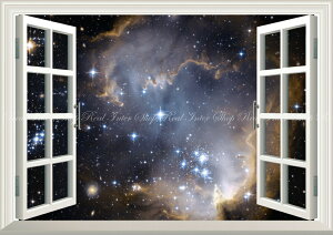 絵画風 壁紙ポスター (はがせるシール式) -窓の景色- 星の競演 ngc 602 小マゼラン雲 散開星団 星雲 恒星 みずへび座 銀河 【窓仕様/トリックアート】 キャラクロ GLXY-018MA2 (A2版 594mm×420mm) <日本製> ウォールステッカー お風呂ポスター