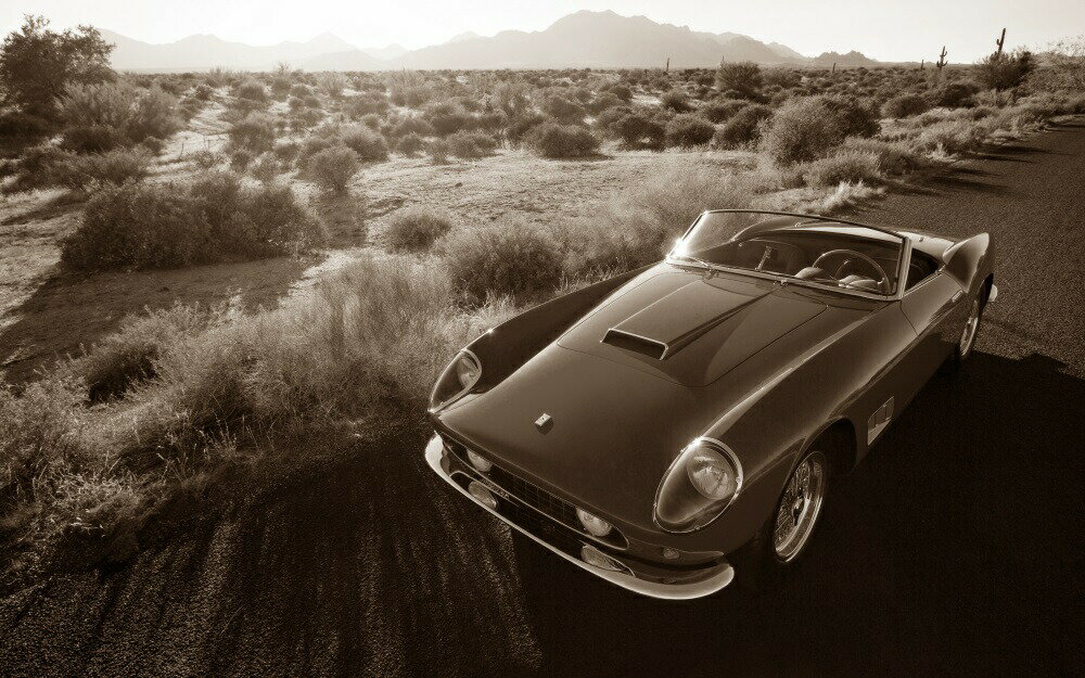 乐天商城 - 絵画風 壁紙ポスター (はがせるシール式) フェラーリ 250GT LWB スパイダー カリフォルニア 1958年 ヴィンテージ Ferrari セピア キャラクロ F250-001WS1 (ワイド版 921mm×576mm) ＜日本製＞ ウォールステッカー お風呂ポスター