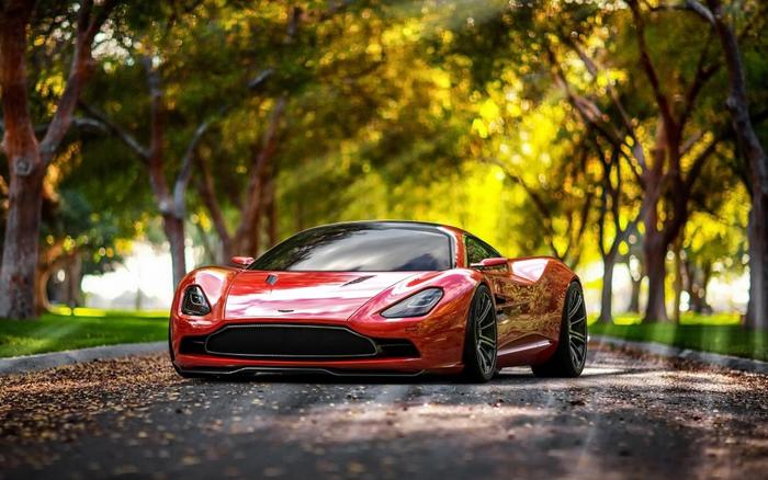 絵画風 壁紙ポスター (はがせるシール式) アストンマーティン DBC Concept レッド 2013年 コンセプトカー キャラクロ ADBC-001W1 (ワイド版 921mm×576mm) ＜日本製＞ ウォールステッカー お風呂ポスター