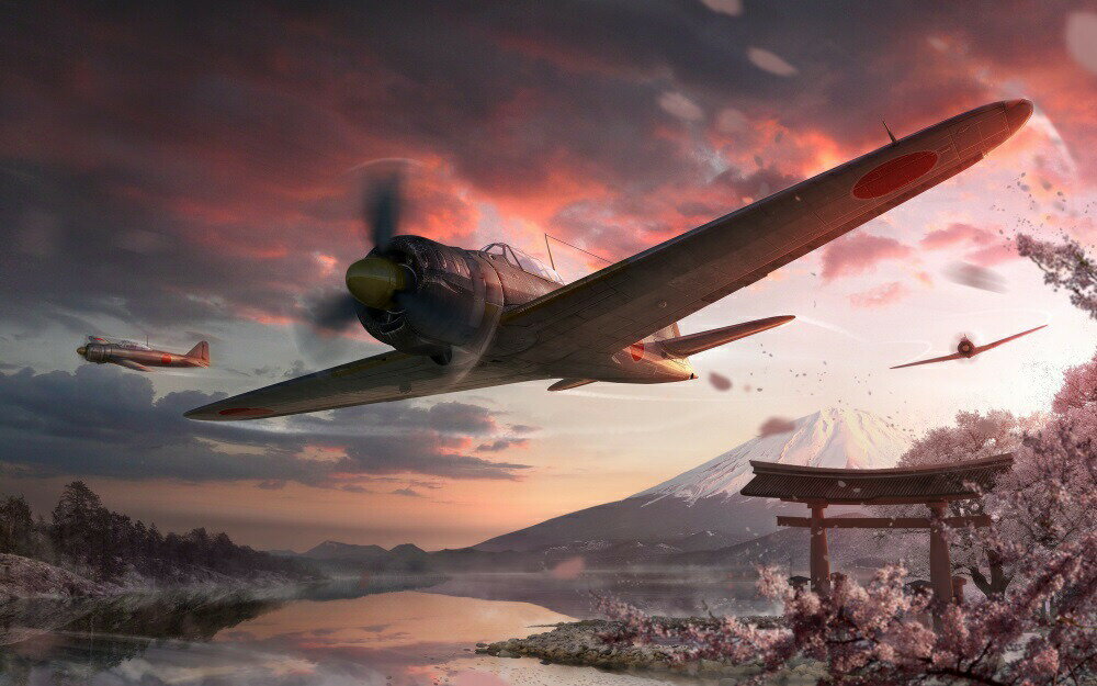 絵画風 壁紙ポスター (はがせるシール式) ゼロ戦 零戦21型 A6M2-b 富士山 さくら 戦闘機 ミリタリー アート キャラクロ JZRF-007W1 (ワイド版 921mm×576mm) ＜日本製＞ ウォールステッカー お風呂ポスター