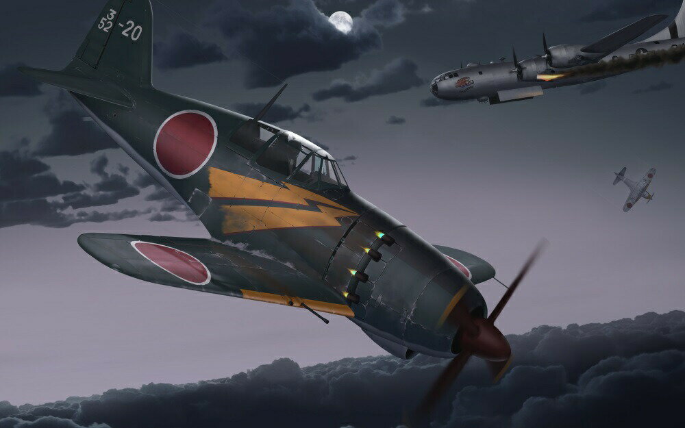 絵画風 壁紙ポスター (はがせるシール式) 局地戦闘機 雷電 B29迎撃 海軍 ミリタリー アート キャラクロ JZRF-008W2 (ワイド版 603mm×376mm) ＜日本製＞ ウォールステッカー お風呂ポスター