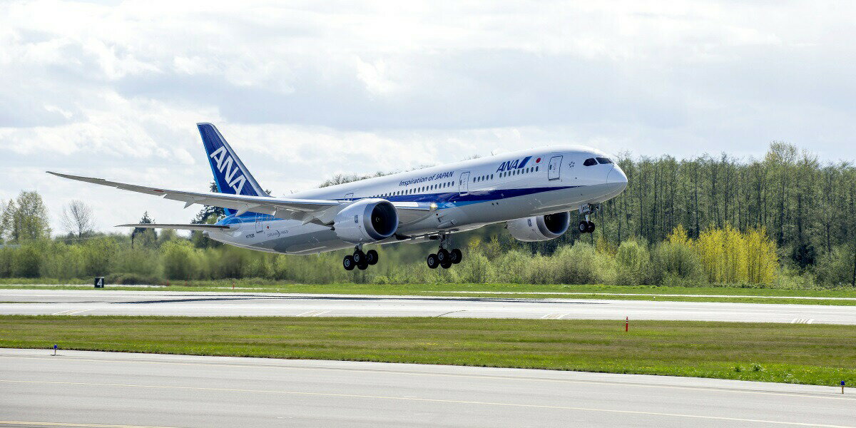 絵画風 壁紙ポスター (はがせるシール式) ANA ボーイング 787-9 ドリームライナー JA830A 2014年運航開始 次世代中型ジェット旅客機 全日空 パノラマ キャラクロ B787-026S1 (1152mm×576mm) ＜日本製＞ ウォールステッカー お風呂ポスター