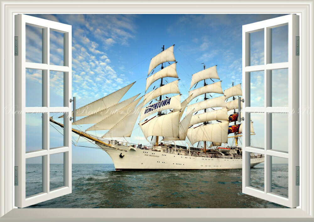 絵画風 壁紙ポスター (はがせるシール式) -窓の景色- 帆船 クリッパー セーリング・シップ ヨット 航海 海 【窓仕様／トリックアート】 キャラクロ SSHP-007MA1 (A1版 830mm×585mm) ＜日本製＞ ウォールステッカー お風呂ポスター