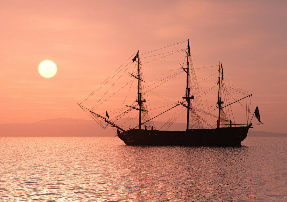 絵画風 壁紙ポスター (はがせるシール式) 帆船 夕陽 夕焼け クリッパー セーリング・シップ ヨット 航..