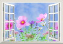 絵画風 壁紙ポスター (はがせるシール式) -窓の景色- コスモス 秋桜 アキザクラ 【窓仕様/トリックアート】 キャラクロ FCMS-010MA1 (A1版 830mm×585mm) <日本製> ウォールステッカー お風呂ポスター