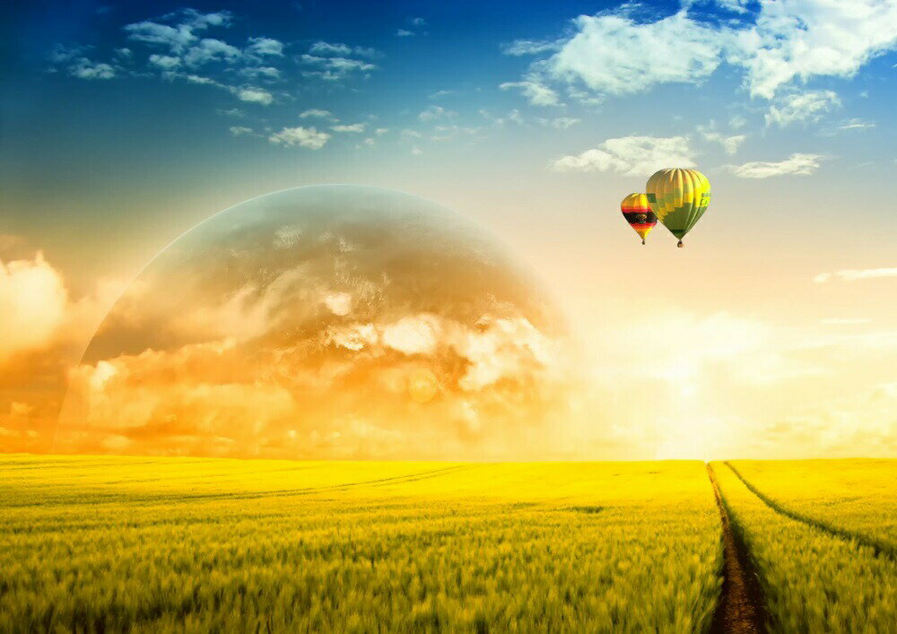 絵画風 壁紙ポスター (はがせるシール式) 幻想的な朝焼けの田園と気球 バルーン 神秘 キャラクロ SHAB-..