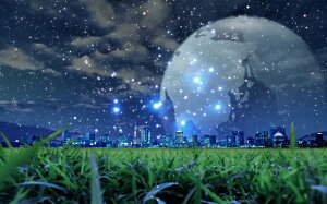 絵画風 壁紙ポスター (はがせるシール式) 蛍の光と都会の幻想的な夜景 蛍光 幻 惑星 月 神秘 癒し キャラクロ SFFL-001W2 (ワイド版 603mm×376mm) <日本製> ウォールステッカー お風呂ポスター