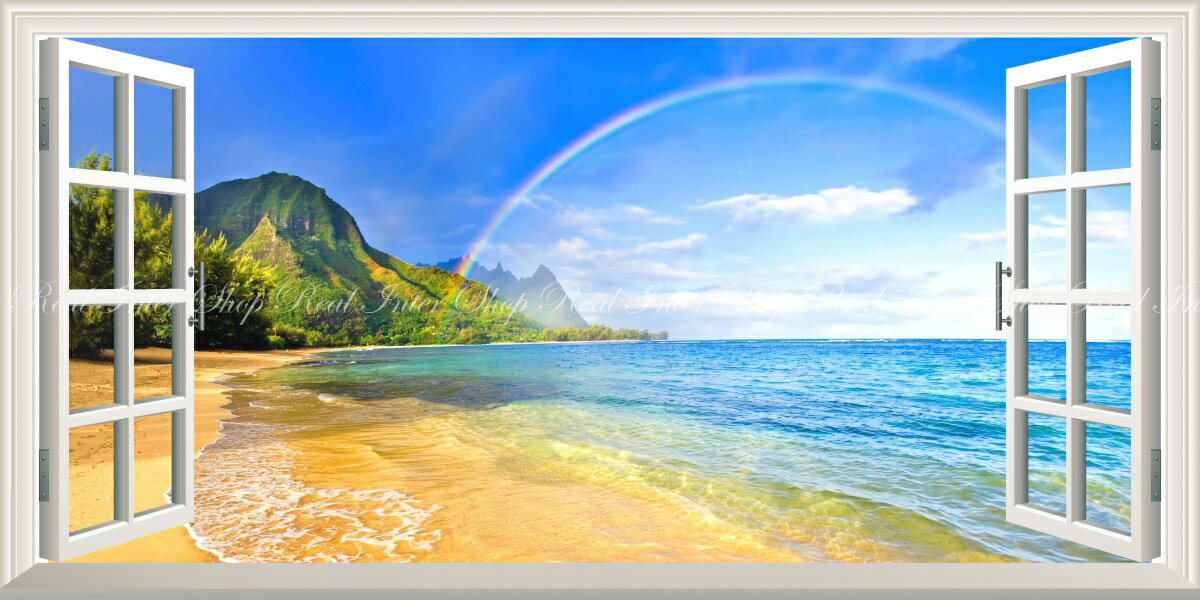 絵画風 壁紙ポスター (はがせるシール式) -窓の景色- 南国の島とビーチと虹のハーモニー ハワイ 波 虹 レインボー 海 【窓仕様／トリックアート】 キャラクロ SRBW-008MS1 (パノラマS版 1152mm×576mm) ＜日本製＞ ウォールステッカー お風呂ポスター