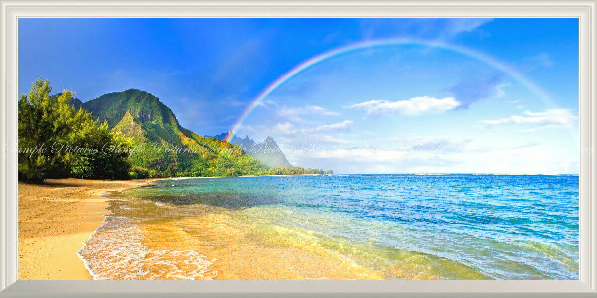 絵画風 壁紙ポスター (はがせるシール式) -窓の景色- 南国の島とビーチと虹のハーモニー ハワイ 波 虹 レインボー 海 【扉なし窓仕様】 キャラクロ SRBW-008NS1 (パノラマS版 1152mm×576mm) ＜日本製＞ ウォールステッカー お風呂ポスター
