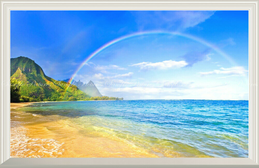 絵画風 壁紙ポスター (はがせるシール式) -窓の景色- 南国の島とビーチと虹のハーモニー ハワイ 波 虹 レインボー 海 【扉なし窓仕様】 キャラクロ SRBW-008NW2 (ワイド版 603mm×391mm) ＜日本製＞ ウォールステッカー お風呂ポスター