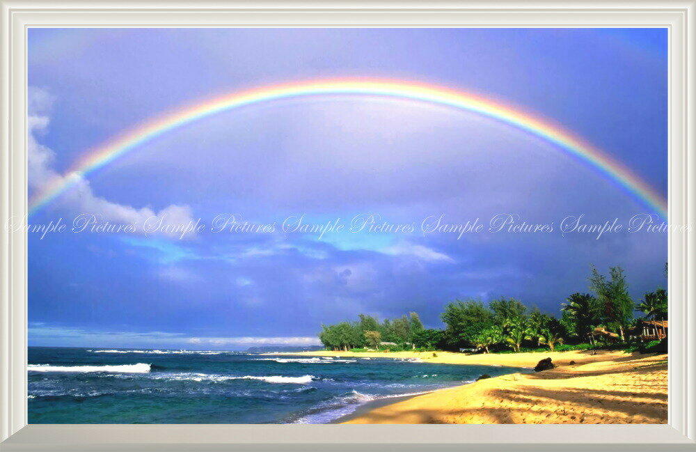 絵画風 壁紙ポスター (はがせるシール式) -窓の景色- 南国のビーチと虹のハーモニー ハワイ 波 虹 レインボー 海 【扉なし窓仕様】 キャラクロ SRBW-010NW1 (ワイド版 901mm×585mm) ＜日本製＞ ウォールステッカー お風呂ポスター