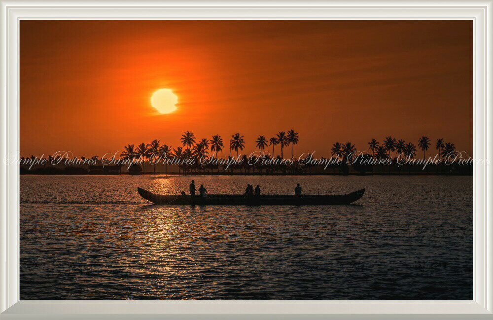 絵画風 壁紙ポスター (はがせるシール式) -窓の景色- 日没 ボート インド 夕陽 夕焼け サンセット 海 ..