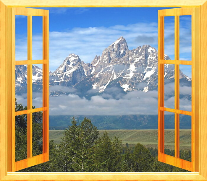 絵画風 壁紙ポスター （はがせるシール式） 窓 窓の景色 窓枠 山岳 アルプス キャラクロ WND-002S1 （667mm×585mm） 建築用壁紙＋耐候性塗料 インテリア