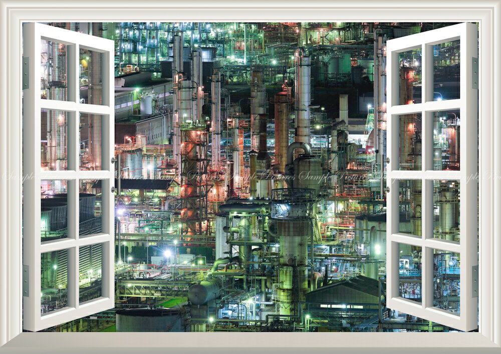 絵画風 壁紙ポスター (はがせるシール式) -窓の景色- -地球の撮り方- 夜の宝石箱 工場萌えする四日市コンビナートの工場夜景 【窓仕様／トリックアート】 キャラクロ C-ZJP-026MA1 (A1版 830mm×585mm) ＜日本製＞ ウォールステッカー お風呂ポスター