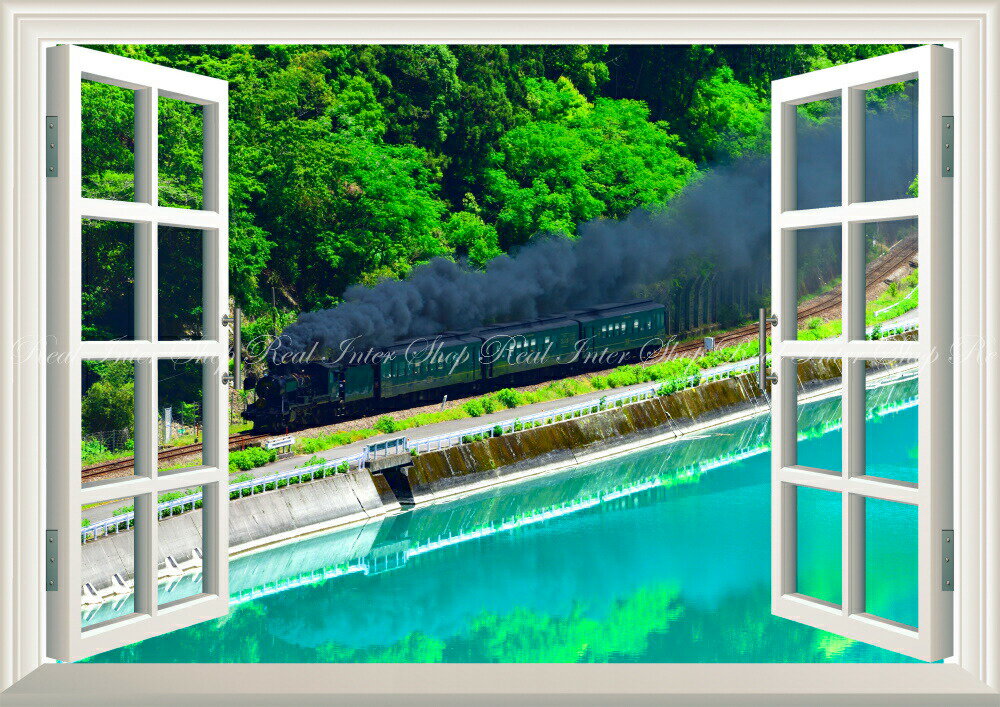 絵画風 壁紙ポスター (はがせるシール式) -窓の景色- -地球の撮り方- エメラルドグリーンの球磨川を走るSL 熊本県人吉市の絶景 【窓仕様／トリックアート】 キャラクロ C-ZJP-027MA2 (A2版 594mm×420mm) ＜日本製＞ ウォールステッカー お風呂ポスター