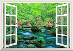 絵画風 壁紙ポスター (はがせるシール式) -窓の景色- -地球の撮り方- ツツジ映える新緑の奥入瀬渓流 青森県十和田市 【窓仕様/トリックアート】 キャラクロ C-ZJP-046MA2 (A2版 594mm×420mm) <日本製> ウォールステッカー お風呂ポスター