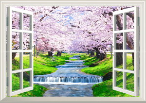 絵画風 壁紙ポスター (はがせるシール式) -窓の景色- -地球の撮り方- 流れ落ちる段々の川と桜の絶景、猪苗代町の観音寺川の桜並木 【窓仕様/トリックアート】 キャラクロ C-ZJP-076MA1 (A1版 830mm×585mm) <日本製> ウォールステッカー お風呂ポスター
