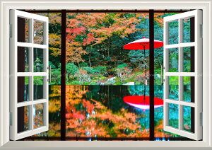 絵画風 壁紙ポスター (はがせるシール式) -窓の景色- -地球の撮り方- 滋賀の紅葉の名勝、旧竹林院の庭園とリフレクション 【窓仕様/トリックアート】 キャラクロ C-ZJP-117MA1 (A1版 830mm×585mm) <日本製> ウォールステッカー お風呂ポスター