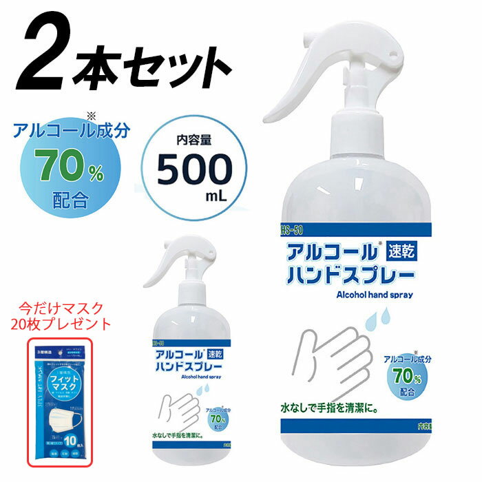 【今だけマスク20枚プレゼント/注文後即発送】除菌 スプレー 70% 500ml 2本セット 手 手指 アルコールハンドスプレー ハンドスプレー アルコールスプレー 除菌スプレー アルコール除菌 高濃度 エタノール 送料無料 ###スプレーAHS-50x2◆###のサムネイル