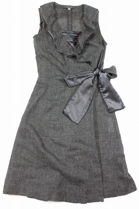 JUSGLITTY リボン巻きデザインウールワンピース ダークグレー1【中古】