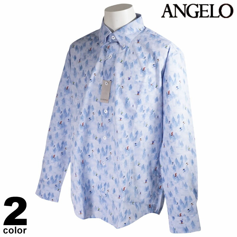 セール 30%OFF ANGELO アンジェロ 長袖 カジュアルシャツ メンズ 2022秋冬 ボタンダウン 総柄 スキー柄..