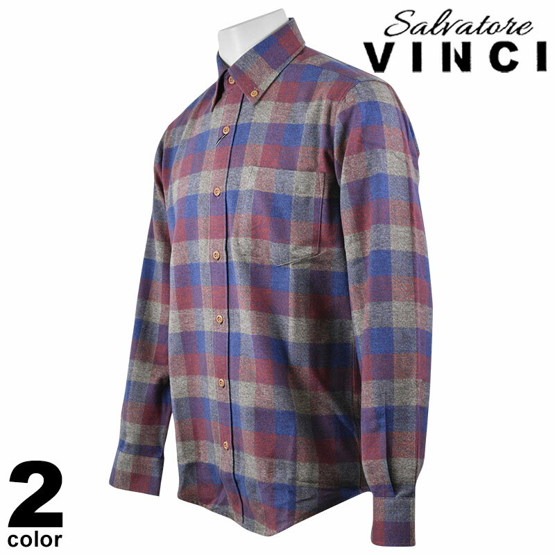 VINCI ヴィンチ 長袖 カジュアルシャツ メンズ 2023秋冬 ボタンダウン チェック柄 日本製 ロゴ 35-1108-29