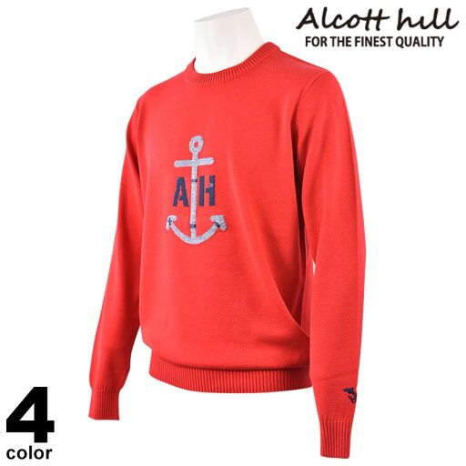 セール 30%OFF ALCOTT HILL アルコットヒル ニット メンズ 秋冬 クルーネック ウール マリン ロゴ 35-7001-10