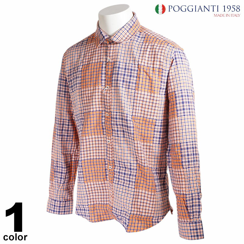 セール 30%OFF POGGIANTI 1958 ポジャンティ 長袖 カジュアルシャツ メンズ 春夏 チェック柄 イタリア製 インポート ロゴ 11-1028-61