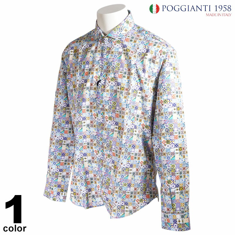 セール 30%OFF POGGIANTI 1958 ポジャンティ 長袖 カジュアルシャツ メンズ 春夏 コットン100% 総柄 イタリア製 インポート ロゴ 11-1064-61