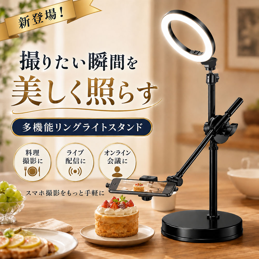 商品詳細: ■商品説明 横のポールが360度自由に回転する構造なので、真上からでも真横からでもお好みの角度から撮影することができます。 ネイルや料理動画、お絵描きの動画、DIYなどの作業中の動画はもちろんの事、 例えばオンラインでのzoomミーティングでスマホをセットして会議に臨むこともできます。 フリマショップの物撮りの撮影などにもご利用頂けます。 1台で色々な用途でお使いいただけますのでご活用して頂けると幸いです。 ■LEDライト 7段階 ■対応スマホサイズ 60〜110mm ■USBコードの長さ 約1.5m ■素材 ABS、その他 ■キーワード 俯瞰 多機能 スマホスタンド アームスタンド ポール iphoneスタンド スマホ撮影スタンド 手元撮影用スマホスタンド 携帯ホルダー 携帯スタンド led 照明 ライト 三脚 撮影照明 撮影ライト ring light ロングタイプ 卓上タイプ 寝ながらスマホ 仰向け 手元を映す 手元撮影 書道 お絵描き 編み物 実況 配信 オンラインレッスン メーカー希望小売価格はメーカーサイトに基づいて掲載しています メーカー希望小売価格はメーカーサイトに基づいて掲載しています メーカー希望小売価格はメーカーサイトに基づいて掲載しています