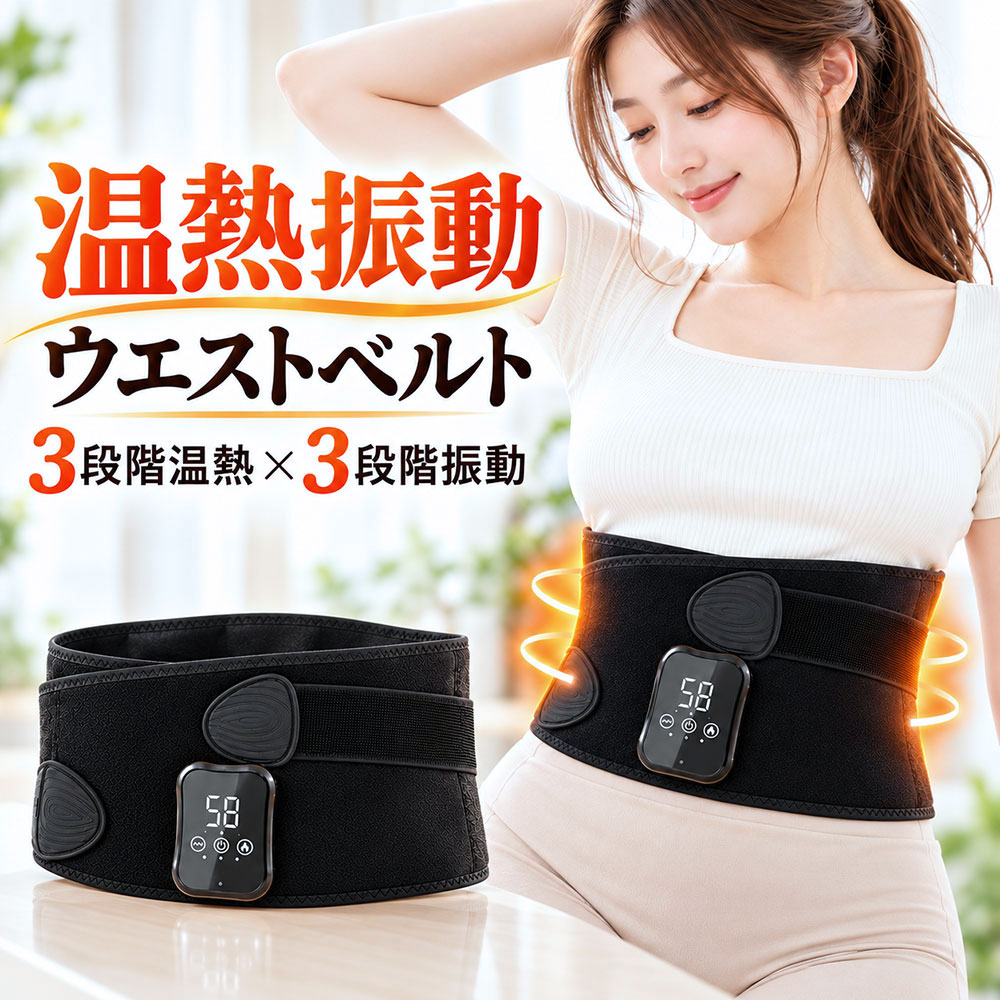 商品詳細: ■商品説明 3段階の温熱機能と3段階の振動モードを搭載し、腰まわりやお腹まわりを心地よくケアできるウエストベルトです。 USB充電式のコードレスタイプなので、デスクワーク中や家事の合間など、場所を選ばず手軽に使用できます。 ワイド面ファスナーと加圧サポートベルトが腰まわりにしっかりフィットし、安定感のある装着感を実現。 約15分の自動オフ機能付きで、毎日のリラックスタイムや冷え対策にも使いやすい設計です。 ■素材 ポリエステル、その他 ■キーワード 温熱ベルト 腰ベルト 腰サポーター 温熱サポーター 振動ベルト マッサージベルト ウエストベルト 腹巻き 腰用 腹部用 USB充電式 コードレス 充電式 3段階温熱 3段階振動 温度調節 振動調節 自動オフ 腰ケア 冷え対策 あった メーカー希望小売価格はメーカーサイトに基づいて掲載しています メーカー希望小売価格はメーカーサイトに基づいて掲載しています メーカー希望小売価格はメーカーサイトに基づいて掲載しています