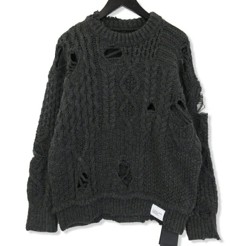 【中古】美品 NEIGHBORHOOD ネイバーフッド ダメージ加工 ケーブルニット 232FUNH-KNM01 23AW PATCHWORK SAVAGE SWEATER チャコール S メンズ71009004