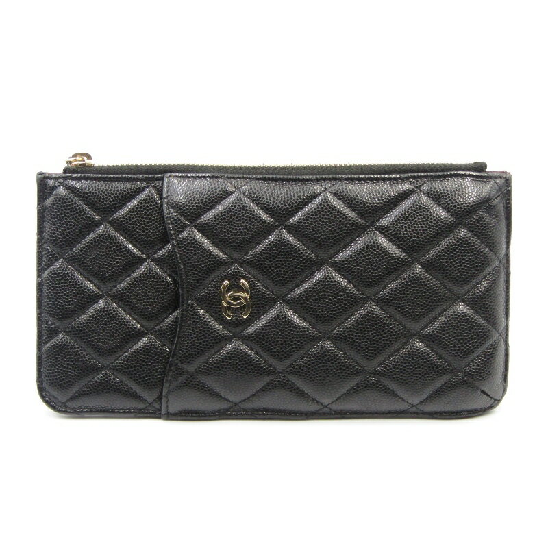 【中古】美品 CHANEL シャネル カードホルダー マトラッセ AP0225 キャビアスキン スマートフォンケース フランス製 ブラック 黒 マルチケース レザー 本革80006577