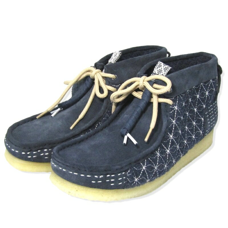 【中古】未使用 CLARKS ORIGINALS クラークス UK10G Wallabee Boot SASHIKO 26169152 ワラビーブーツ 刺し子 ネイビー 紺 アンクルブーツ クレープソール インディゴ ブーツ35003172