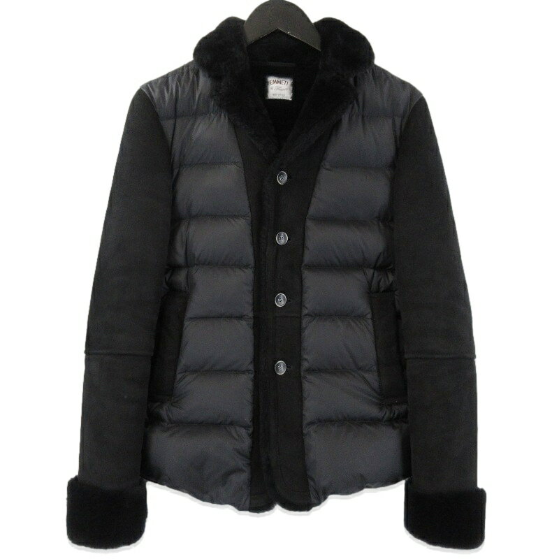 【中古】EMMETI エンメティ ショートダウンジャケット TONI ムートン ナイロン 72-207-35-110609 トニ 羊革 レザー ブラック 黒 44イタリア製メンズ 71013794