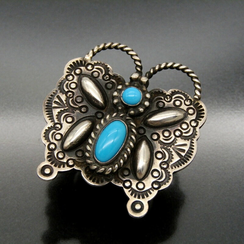 【中古】Herman Smith ナバホ族 リング バタフライ ターコイズ ハーマンスミス メンズ レディース スタンプワーク 12号 インディアンジュエリー シルバー 28011031