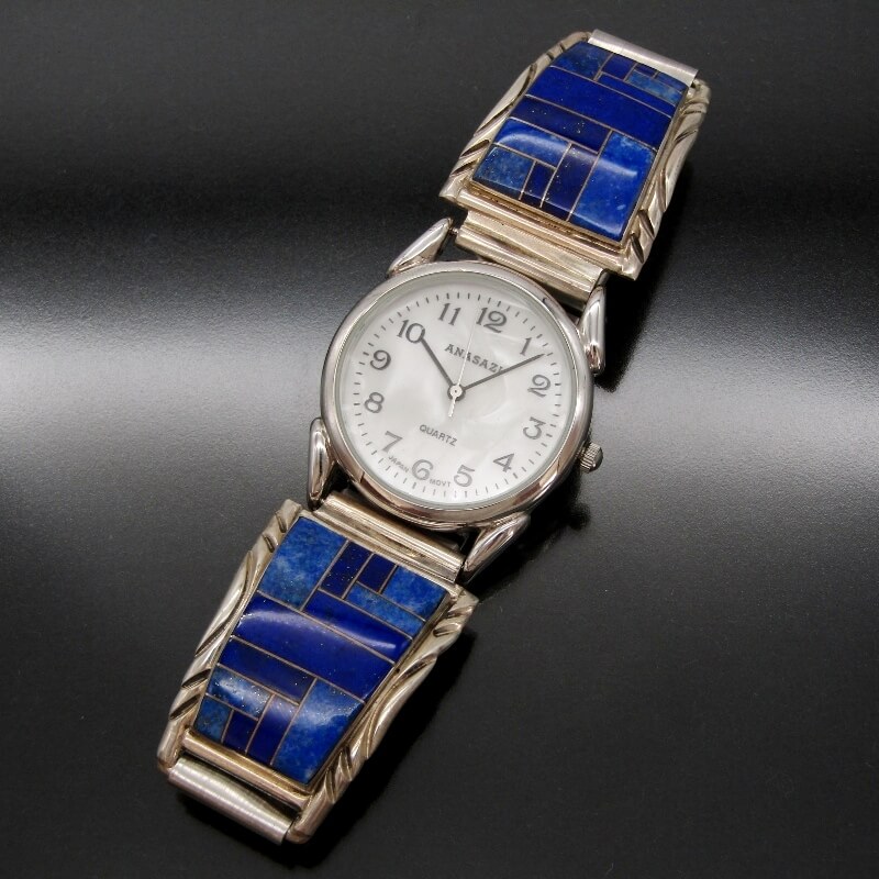 【中古】Navajo JJ作 ナバホ族 ウォッチブレス ラピスラズリ インレイ 腕時計 ブレスレット メンズ レディース インディアンジュエリー シルバー 28...